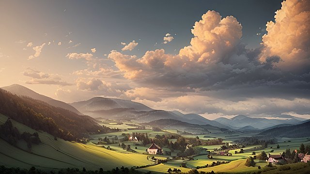 award winning breathtaking shot of austrian countryside  intricate realistic details  breathtaking clouds  photorealistic