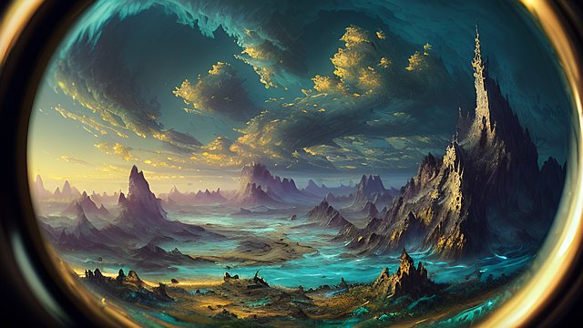 award winning painting of a mesmerizing fantasy landscape  fisheye lens  intricate realistic details  amazing atmosphere