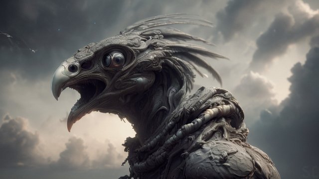 breathtaking portrait photo of an extraterrestrial bird  intricate realistic details  breathtaking clouds
