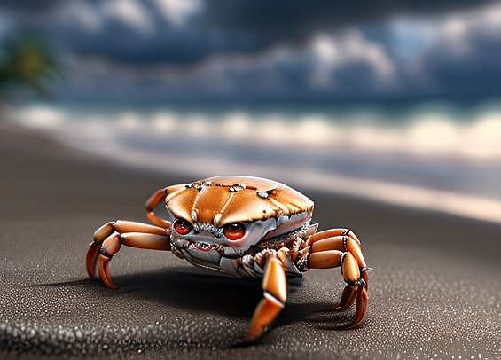 a cute little crab on a beach, award winning shot, clouds, intricate details