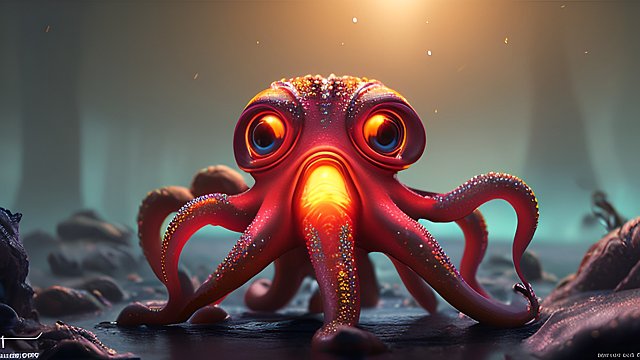 a cute little ctulhu octopus in the night