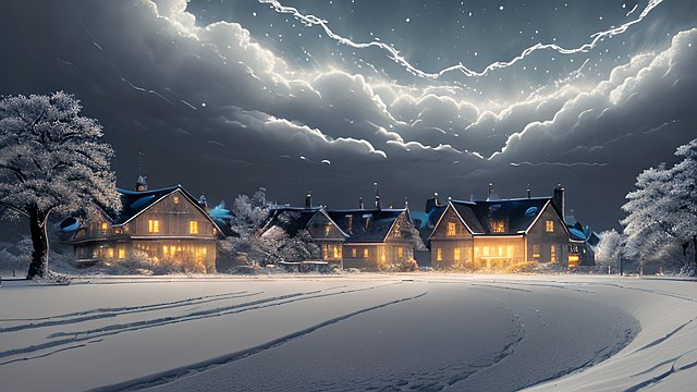 award winning night shot of a snowy countryside  high contrast  intricate realistic details  breathtaking clouds