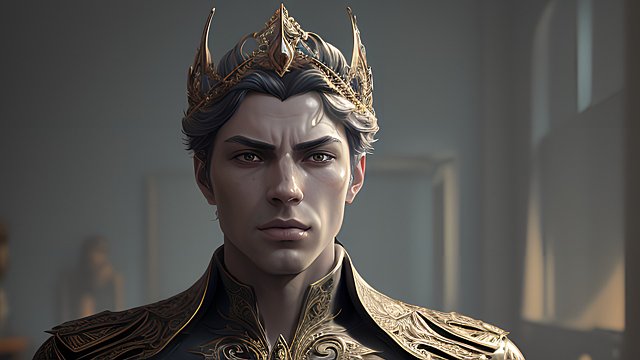the most breathtaking award winning original portrait of an elegant male hero with an elegant crown, in a modern house, intricate realistic details, dark shades