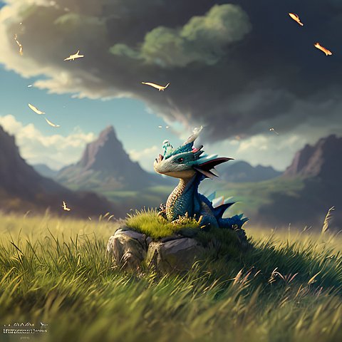 a whimsical cute little dragon in the grass  beautiful landscape  clouds