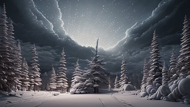award winning night shot of a snowy landscape  high contrast  intricate realistic details  breathtaking clouds
