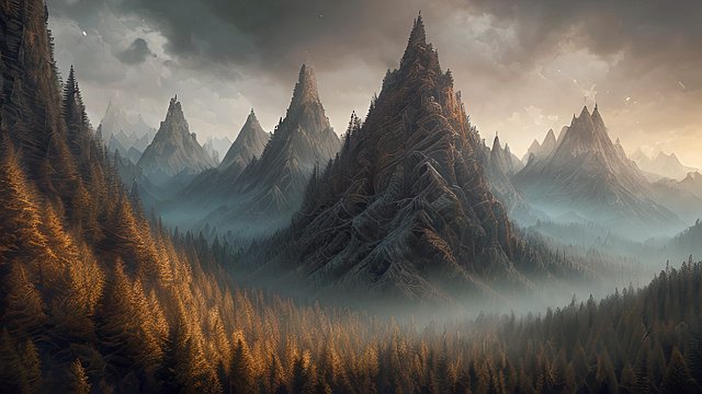the most breathtaking photo of forest mountain  intricate realistic details  dark shades