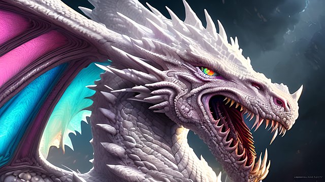 ethereal face of a white dragon  beautiful colorful  intricate details  dark colorful background  award winning colorful painting