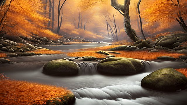 award winning shot of a river in a autumn forest, intricate realistic details, amazing atmosphere