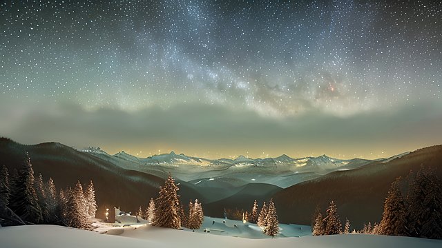 4k breathtaking photo of a snowy forest mountains  night starry sky  milky way  intricate realistic details