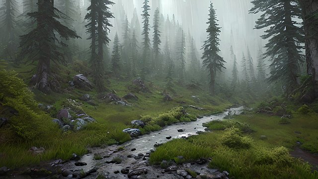 4k breathtaking photo of mountain forests  sad rain  intricate realistic details