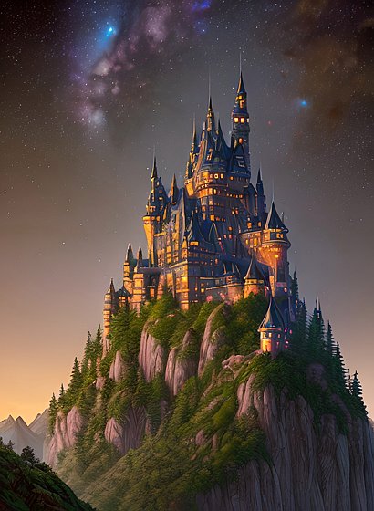 a giant castle above a hill, night sky, forest, mountains, intricate details