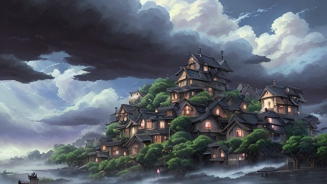 breathtaking anime painting of a dark village in an anime or manga style  manga  in the open with astonishing clouds