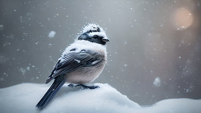 award winning shot of a cute little birb in a snowy forest  intricate realistic details  amazing atmosphere