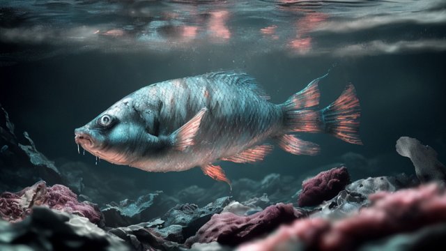 breathtaking photo of a creepy fish swimming in the deep sea  realistic  award winning shot  reflections  intricate details