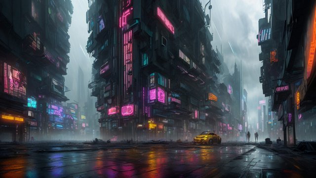 award winning photo of a cyberpunk city under rain, intricate realistic details, breathtaking clouds