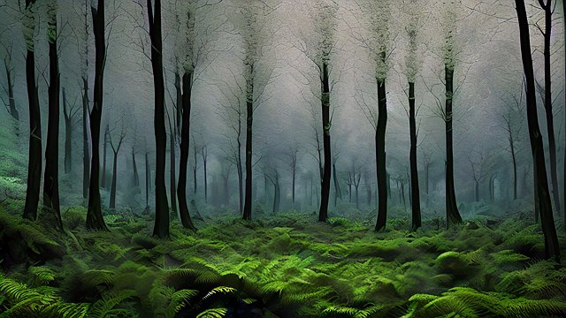 award winning high contrast photo of a mesmerizing dark green forest  intricate realistic details  amazing clouds