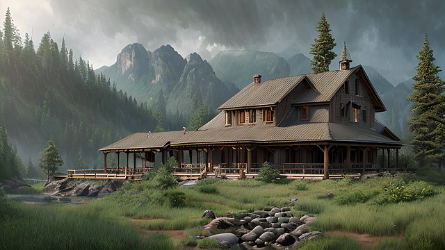Create an intricate and realistic image of a stunning ranch nestled in a lush green mountain valley, tall trees and rocky peaks surrounding it, showcasing intricate details and unique design elements
