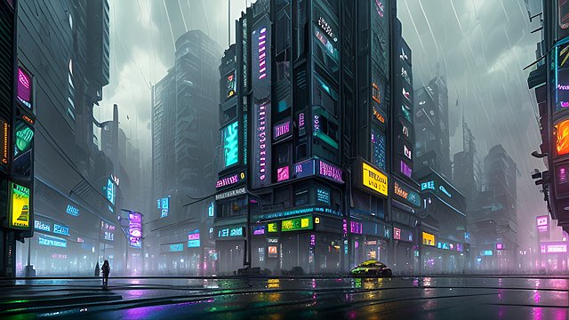 award winning photo of a cyberpunk city under rain, intricate realistic details, breathtaking clouds