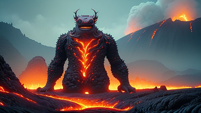 portrait of a breathtaking whimsical monster in a lava field