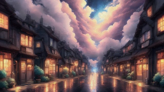 breathtaking anime painting of a little street in an anime or manga style during the night  manga  in the open with astonishing clouds