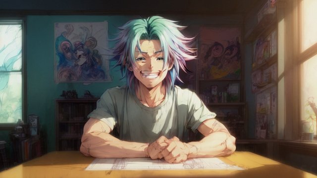 breathtaking anime male happy face  colorful hairs  in a house  anime drawing  anime manga style