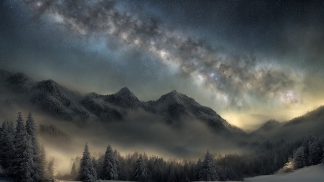 4k breathtaking photo of a snowy forest mountains  night starry sky  milky way  intricate realistic details