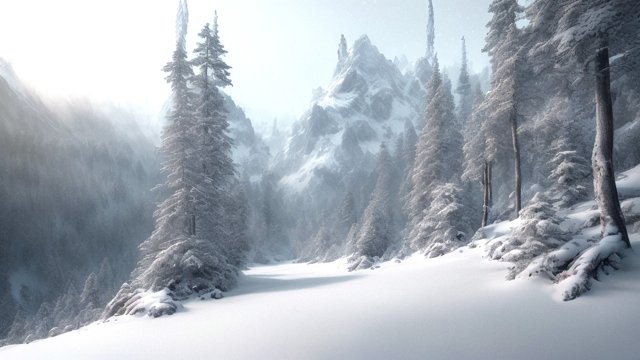 breathtaking photo of a mountain forest under snow  intricate photorealistic details