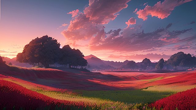 award winning red sunset colors on a countryside  intricate realistic details  breathtaking clouds