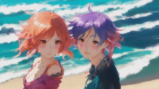 anime girl on a beach  colorful hairs  anime drawing  anime manga style