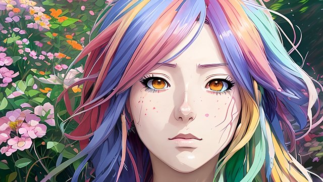 anime face, colorful hairs, in a garden, anime drawing, anime