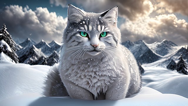 award winning photo of a mesmerizing snow cat on a mountain  intricate realistic details  amazing clouds