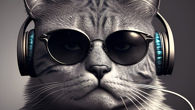 breathtaking portrait photo of a cool cat wearing sunglasses and headphones  intricate details  dark shades  award winning