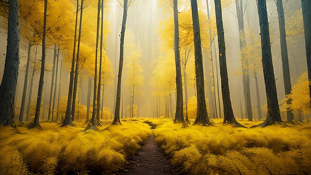 award winning mesmerizing photo of yellow forest  intricate realistic details