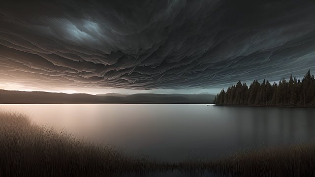 award winning photo of a dark lake, intricate realistic details, amazing clouds