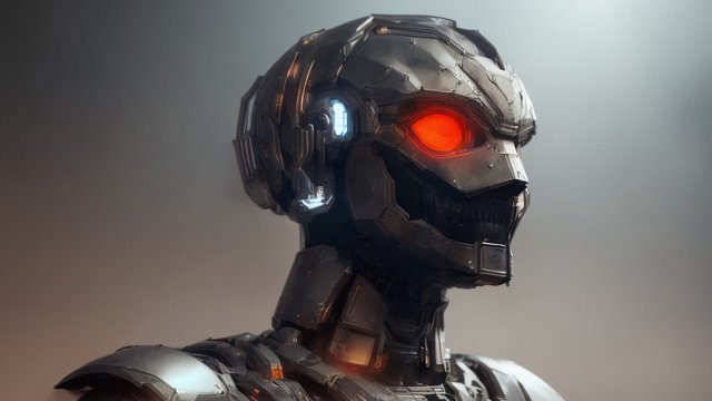 portrait humanoid armored robot, dark background, intricate details