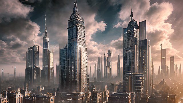 award winning photo of a city, intricate realistic details, amazing clouds