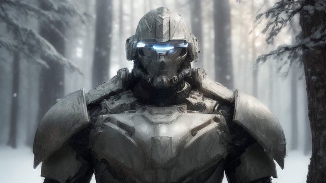 breahtaking portrait of an armored futuristic soldier in a forest during winter  intricate realistic details