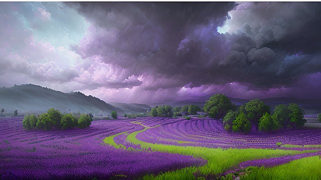 award winning purple colors of a the rain in the countryside  intricate realistic details  breathtaking clouds