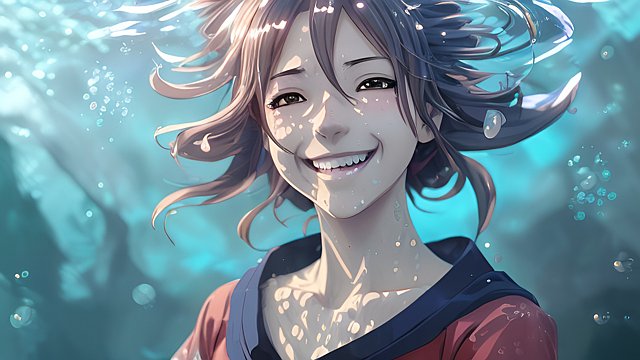 anime girl smiling underwater  portrait  anime