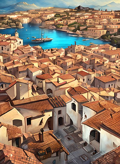 beautiful painting of some mediterranean roofs and countryside  amazing landscape