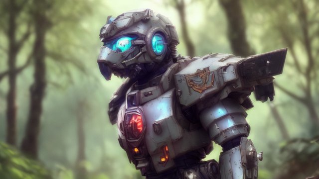 breathtaking octane render of an armored cyber little bird in a forest  intricate details