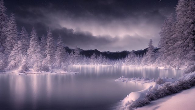 award winning night shot of a snowy lake  high contrast  intricate realistic details  breathtaking clouds