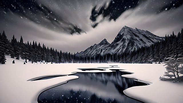 award winning night shot of a snowy lake, high contrast, intricate realistic details, breathtaking clouds