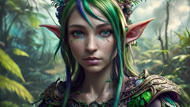 award winning painting colorful portrait of an elf in a fantasy jungle  gopro  intricate realistic details  amazing clouds