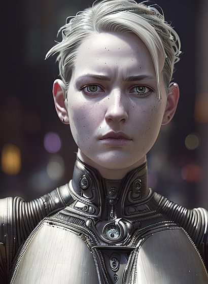award winning ultra high quality octane portrait of an android in a city, intricate realistic details