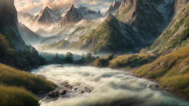 award winning mesmerizing photo of mountains and rivers, intricate realistic details, in a grass field, intricate realistic details, amazing clouds