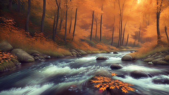 photorealistic detailed shot of a river in a autumn forest  intricate photorealistic details