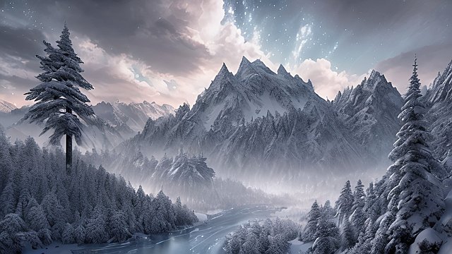 the most breathtaking photo of snowy forest mountain  intricate realistic details  dark shades  amazing anime clouds