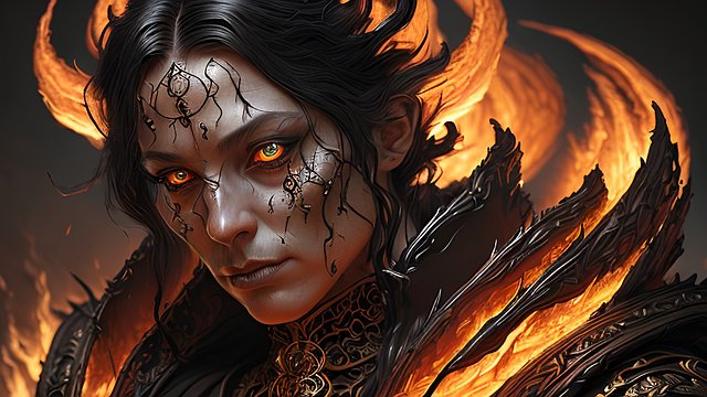 portrait of a dark fire sorcerer in fire  intricate details