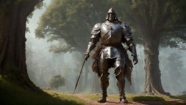 breathtaking painting of a gigantic soldier with a medieval armor, award winning tree landscape background